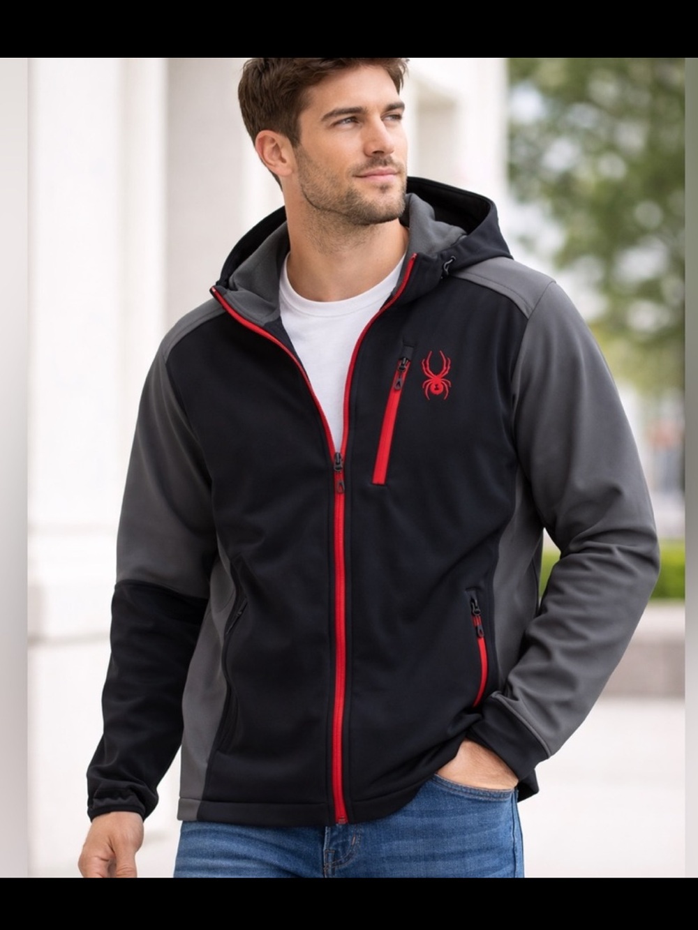 Spyder Men’s Black & Gray Hooded Softshell Jacket with Red Trim